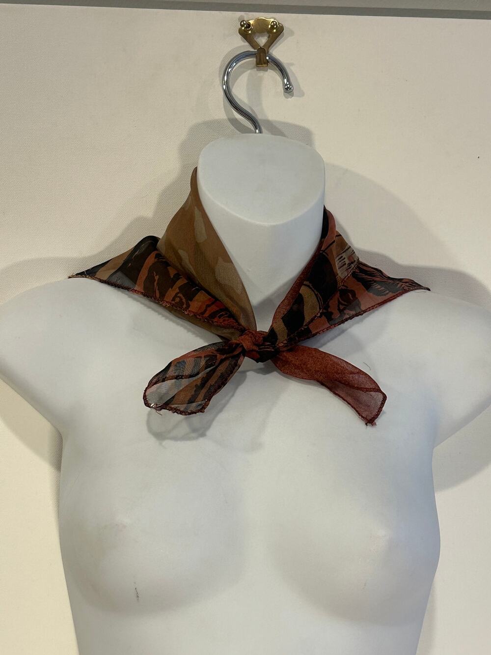 Vintage Sheer Chiffon Square Scarf Abstract Scroll Print Rust Brown Tan